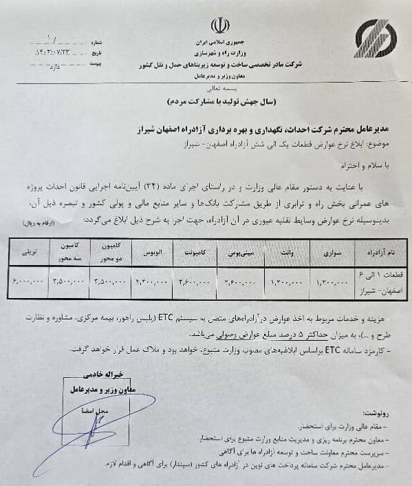 نرخ عوارض قطعات یک تا ۶ آزادراه اصفهان - شیراز از سوی خیرالله خادمی مدیر عامل شرکت مادر تخصصی ساخت و توسعه زیربناهای حمل و نقل کشور ابلاغ شد.