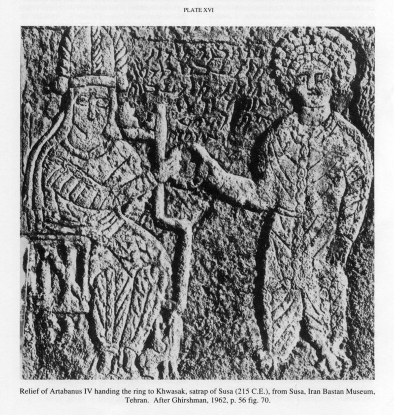 Relief of Artabanus IV handing the ring to Khwasak satrap of Susa 215 from Susa Iran Bastan Musuem Tehran