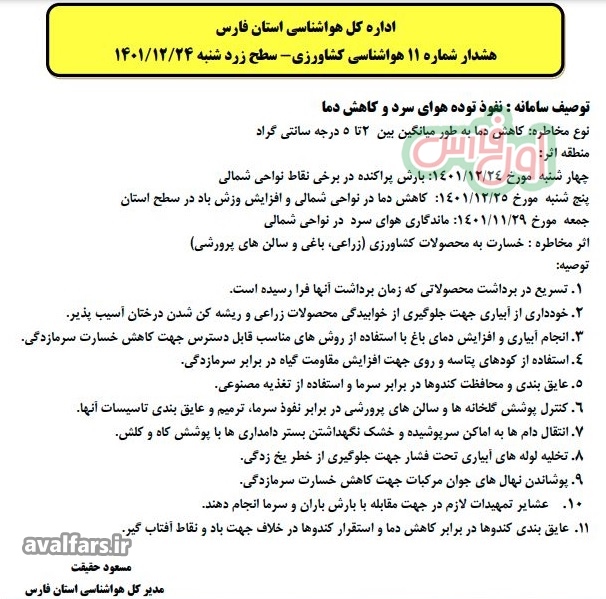 هواشناسی استان فارس24 اسفند