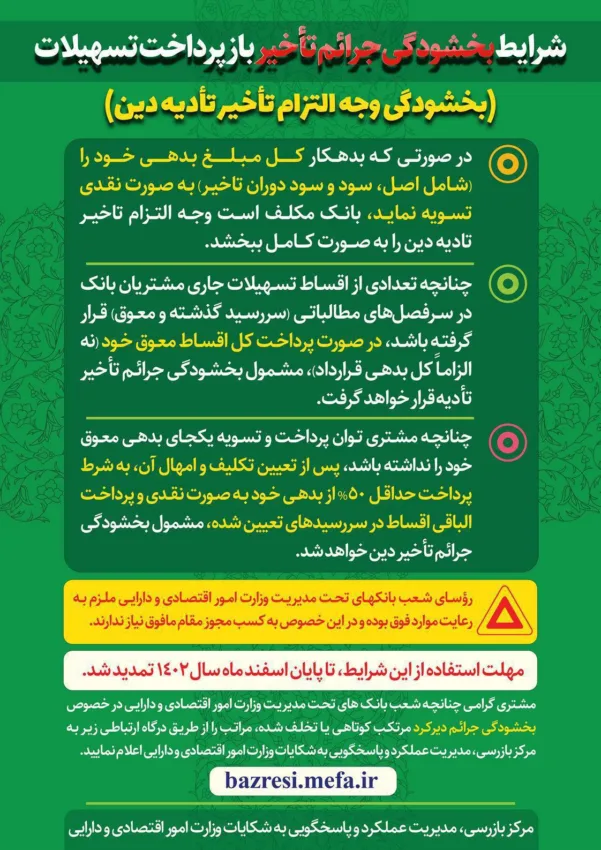 شرایط بخشودگی جرائم تأخیر بازپرداخت تسهیلات بانکی/بانک قرض الحسنه مهر ایران